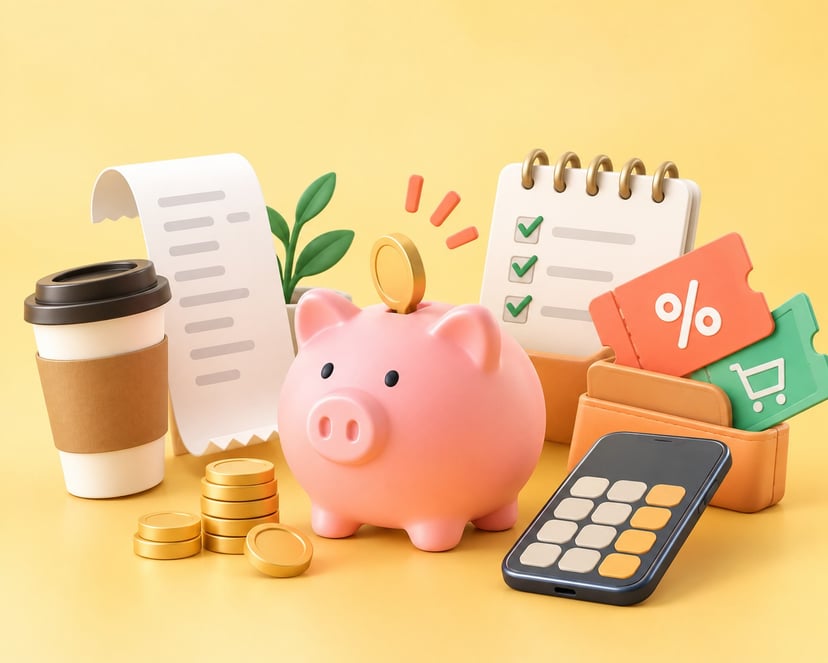 돼지저금통과 계산기 등 알뜰한 소비를 이미지화 