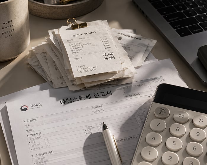 영수증 쌓여있는 사진